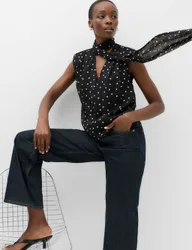 Polka Dot V-Neck Scarf Detail Top Black Mix female