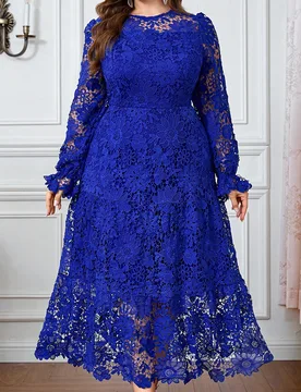 Vestido largo de manga larga con cintura ajustada, cuello redondo, de encaje bordado azul con agua soluble, de alta calidad, para madre de la novia de - Shein - FashionsVida