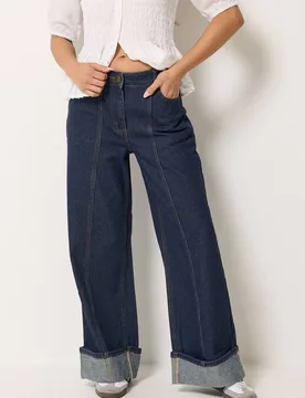 Women's Petite Turn Up Denim Jeans in Dark Blue Size: 18 - Dark Blue - Size: 18 - PixieGirl - FashionsVida