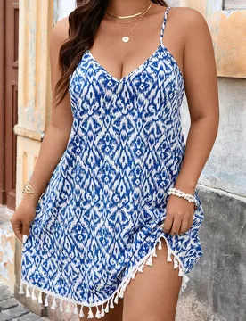 Vestido de vacaciones estilo bohemio de talla grande con tirantes finos, dobladillo con flecos, regalo del Día de la Madre, atuendo de Pascua, ropa d - Shein - FashionsVida