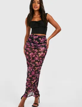 Womens Ruched Mesh Floral Printed Maxi Skirt - Black Cotton - Size 6 Uk - Boohoo - FashionsVida