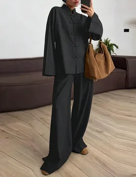 Conjunto de 2 piezas para mujer, top holgado de manga larga con botones de rana estilo chino retro y pantalones de pierna ancha, elegante negro vintag - Shein - FashionsVida
