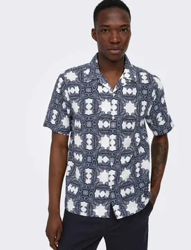 Regular Fit Cotton Linen Blend Printed Shirt Navy Mix male - ONLY & SONS - FashionsVida