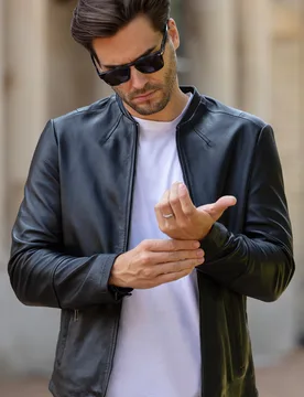 Mens 'Fons' Slim Fit Biker Jacket - Black - Size Large - Ashwood Leather - FashionsVida