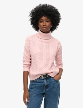 Superdry Damen Rollkragenpullover mit Zopfmuster und überschnittenen Schultern Pink - Größe: 42 - 69.99 - FashionsVida