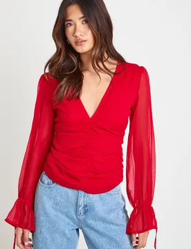 Womens Chiffon Tie Cuff Blouse - Red - Size 14 Uk - Boohoo - FashionsVida