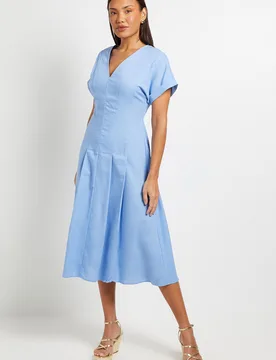 Womens Linen Blend Pleat Detail Midi Dress - Light Blue Viscose - Size 20 Uk - Principles - FashionsVida