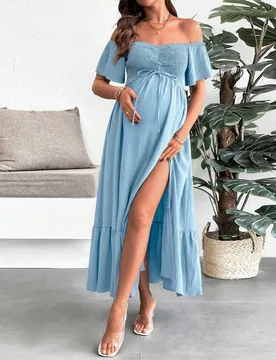 Vestido de maternidad de unicolor para vacaciones con diseño de fruncido en los hombros y abertura lateral XL - Shein - FashionsVida