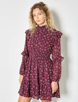 Women's Ditsy Floral Chiffon Tiered Mini Dress in Burgundy Size: 12 - Burgundy - Size: 12 - Apricot - FashionsVida