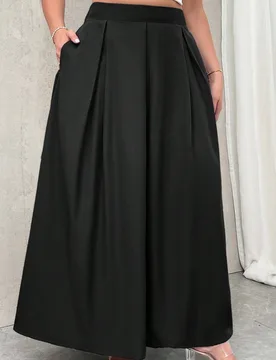 Falda Maxi Negra de Talle Alto con Pliegues y Bolsillos, Cintura Elástica, Estilo A-Line, Talla Grande para Mujer, Formal y Elegante, para Regreso a - Shein - FashionsVida