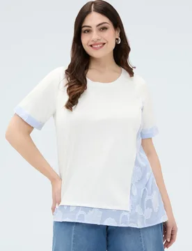 Camiseta de mujer de punto con detalles a rayas confección combo que mezcla color liso y tejido a rayas bordado - Fiorella Rubino - FashionsVida