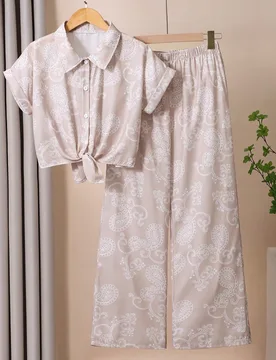 Conjunto de 2 piezas de camisa de manga corta y pantalones largos casuales para adolescentes, conjunto favorito de niñas con top de manga corta con b - Shein - FashionsVida