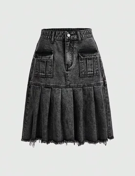 Falda de mezclilla plisada con bolsillo con solapa y borde crudo, para la escuela S - Shein - FashionsVida