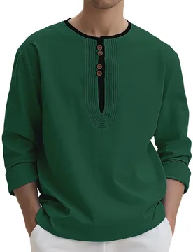 Casual Vacation Men Linen Long Sleeve Tops Contrast Neck Trim Front Stitch Light And Loose-Fitting Detail Daily Outdoor Blouse - Aliexpress - FashionsVida