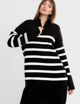 Womens Knitted Striped Long Sleeve Mini Dress With A Zippered Neck - Black - Size Small/medium - Hiccup - FashionsVida