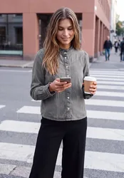 Street One Langarm Denim Bluse mit Rüschen female Grau