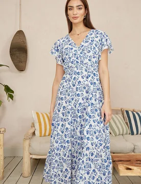 Women's Blue Floral Printed Broderie Anglaise Ruched Waist Midi Dress Size: 10 - Blue - Size: 10 - Yumi - FashionsVida