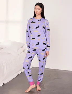 Jersey Halloween Cats Clouds Print Crew Neck Pyjama Set Lilac female - Chelsea Peers - FashionsVida