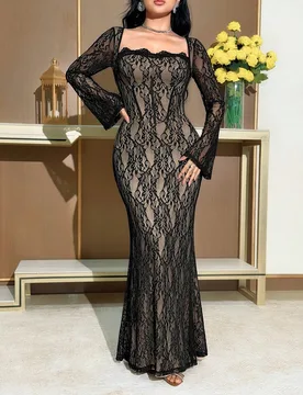 Vestido de manga larga con parches de encaje de unicolor para mujer L - Shein - FashionsVida