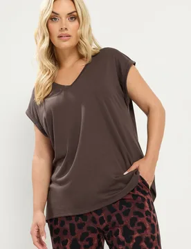 Women's V-Neck Basic T-Shirt in Chocolate Size: 14 - Chocolate - Size: 14 - Yours - FashionsVida
