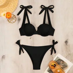 Conjunto de bikini plisado de un solo color para mujer para la playa de verano XS