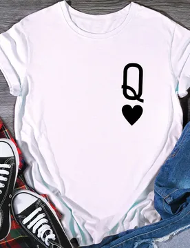 Camiseta de cuello redondo con estampado de letra y corazón L - Shein - FashionsVida