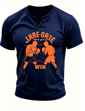 Men's Split V Neck Navy Blue Boxing Fighters Silhouette Motivational Letter Slogan Slim Fit Sports Casual Short Sleeve T Shirt - Aliexpress - FashionsVida