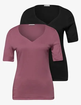 T-Shirts mit Herzausschnitt im 2er-Pack female Pink Schwarz - Street One - FashionsVida