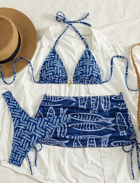 Conjunto de 3 piezas de traje de baño inspirado en el océano para mujer - Top de bikini sexy, braguita juguetona & falda fluida para escapadas tropi - Shein - FashionsVida