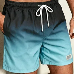 Shorts de playa para hombre con parches de letras, degradado y cintura con cordón, para vacaciones