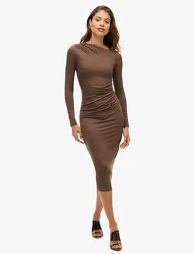 Superdry Damen Langärmeliges Midikleid mit Raffung Braun - Größe: 44 - 69.99 - FashionsVida