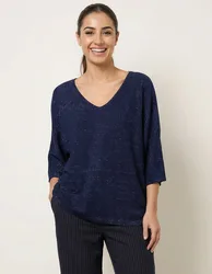 Metallic V Neck Knitted Ripple Jumper - ONE / NAVY - female