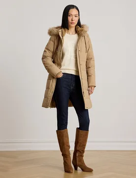 Plumífero de mujer con capucha con pelo disponible en tallas grandes - Lauren Ralph Lauren - FashionsVida