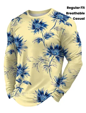 Men’s Long Sleeve Floral Print T-Shirt Regular Fit Breathable Casual Crew Neck Shirt Autumn Daily Fashion Versatile Top - Aliexpress - FashionsVida