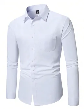 Camisa formal de manga larga con patchwork y bolsillo para hombre, estilo primavera y otoño, corte slim fit, abotonada, blanca lisa, camisa de trabaj - Shein - FashionsVida
