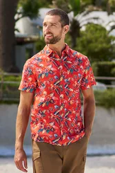 Tropical Printed Mens Short Sleeved Shirt - Orange - Orange - Size: M