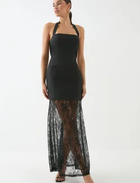 Womens Halterneck Lace Skirt Maxi Dress - Black - Size 10 Uk - misspap - FashionsVida
