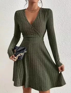 Plus Size Women's Ribbed Stretch Dress Elegant Deep V Neck Cross Over Long Sleeve Daily Commuting Party Cocktail - Aliexpress - FashionsVida