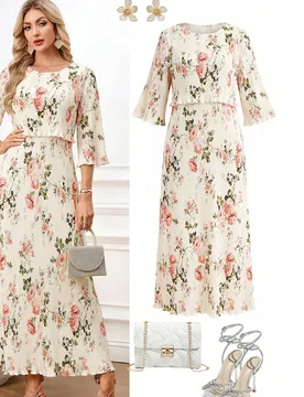 Vestido largo 2 en 1 para mujer, elegante y romántico, con estampado floral, plisado, beige, estilo retro holgado de resort otoñal, para boda, fiest - Shein - FashionsVida