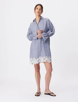 Vestido corto camisero a rayas con encaje - IKKS - FashionsVida