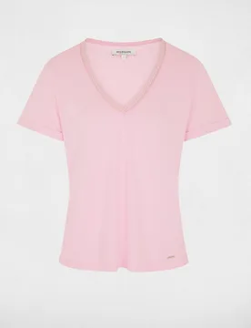 Camiseta de mujer con escote pico con pedrería - Morgan - FashionsVida