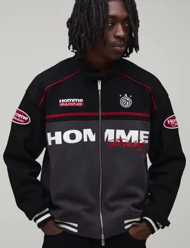 Herren Kastenförmig Geschnittene Motorrad-Jacke Aus Jersey Mit Bikerkragen Und Farbblockdesign Black Größe XL - boohooMAN - FashionsVida