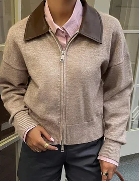 Chaqueta de punto con cremallera y parches de PU casual para mujer, otoño S - Shein - FashionsVida