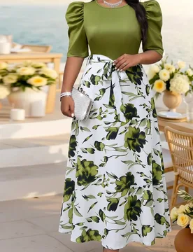 Vestido elegante de talla grande para mujer con estampado floral patchwork, cuello redondo y mangas de pétalo 2XL - Shein - FashionsVida