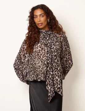 Leopard Diamante Tie Neck Puffball Blouse - L / ANIMAL - female - Blue Vanilla - FashionsVida