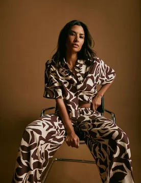 Linen Rich Printed Wide Leg Trousers Brown female - Nobody's Child - FashionsVida