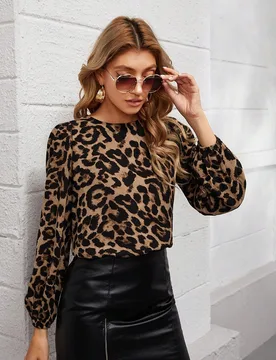 Top de leopardo de manga farol L - Shein - FashionsVida
