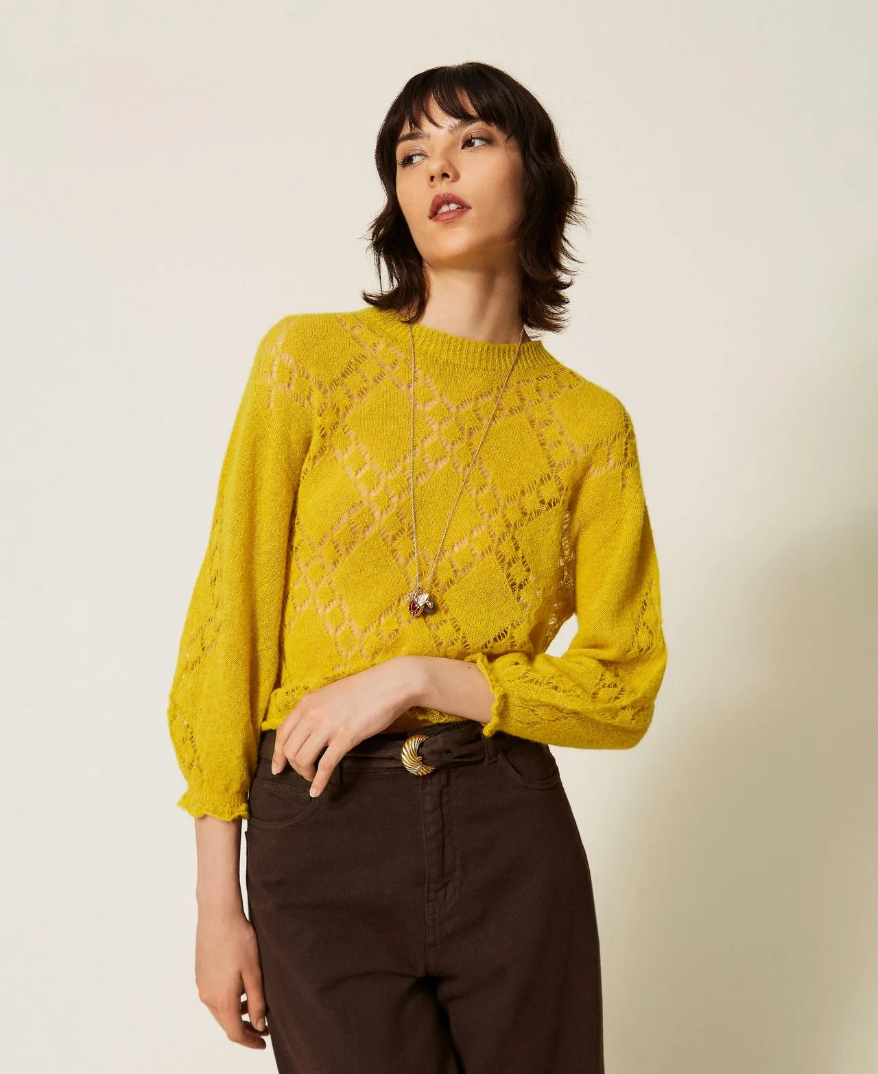 Pull ras-du-cou en alpaga mélangé avec losanges - TWINSET - FashionsVida