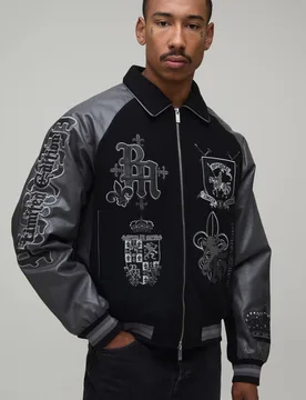 Herren Kastige Melton-Collegejacke Mit Kreuz-Applikation Black Größe Medium - boohooMAN - FashionsVida