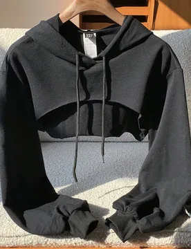 Sudadera corta con capucha y cordón, en negro y blanco, manga larga para otoño/invierno XS - Shein - FashionsVida